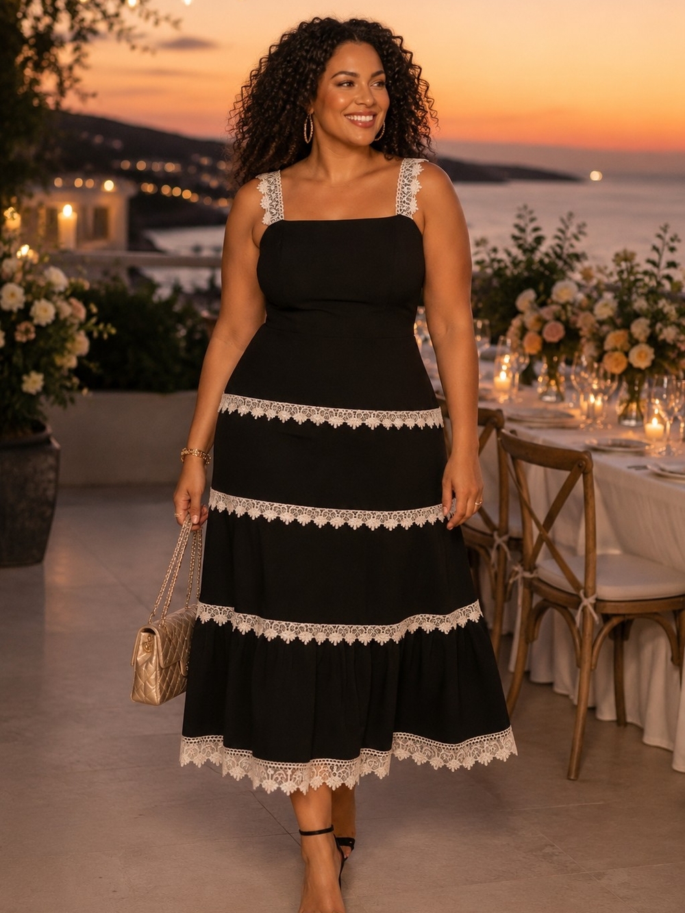 Adrianna Papell NWT Lace Trim Midi Sundress Size 16 ✨ Boho Luxe Black Midi Dress